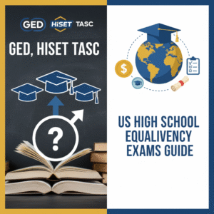 미국 고등학교 동등학력인정시험(GED, HiSET, TASC) 가이드 썸네일. 왼쪽은 시험 종류와 선택을, 오른쪽은 시험 관련 정보(비용, 자격 등)를 시각적으로 나타냅니다.