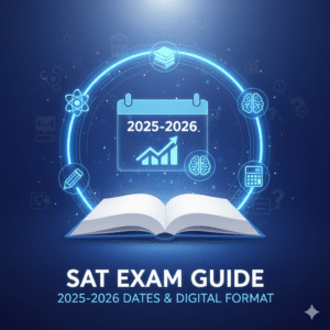 SAT 시험 가이드, 2025-2026년 시험 일정 및 디지털 형식에 대한 썸네일입니다. 파란색 배경 위에 펼쳐진 책, 빛나는 달력 아이콘, 그리고 두뇌, 연필, 계산기 등 학습 관련 아이콘들이 원형으로 배치되어 있습니다.