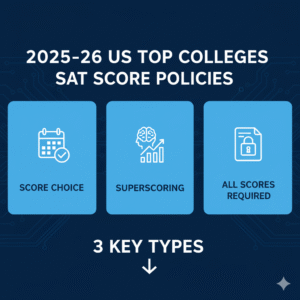 미국 상위권 대학 SAT 제출 방식의 세 가지 핵심 유형(Score Choice, Superscoring, All Scores Required)을 상징하는 시각적 요소와 옵션 선택지를 나타내는 화살표
