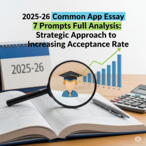 2025-26 Common App Essay 7가지 프롬프트 완전 분석 - 대학 합격률을 높이는 전략적 접근법, 그래프와 학위 모자 아이콘, 입시 준비 개념 이미지