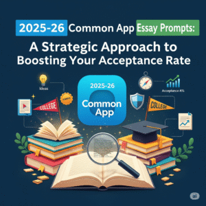2025-26 Common App Essay Prompts 완전 가이드: 합격률을 높이는 전략적 접근법, 책 더미와 졸업모자, 돋보기, 성장 그래프가 있는 대학 입시 일러스트