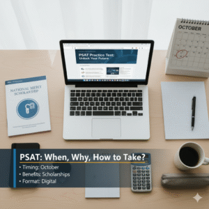 PSAT 시험 준비 서적, 장학금 문서, 연필, 그리고 계산기가 놓여 있는 책상 장면. 'National Merit Scholarship' 제목이 보이는 책을 통해 PSAT 응시와 National Merit 장학금 획득의 연관성을 시각적으로 보여줍니다.